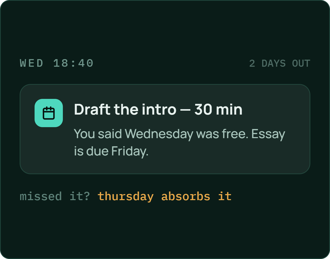 Step three: a nudge on Wednesday evening to draft the intro, and if it is missed, Thursday absorbs it.