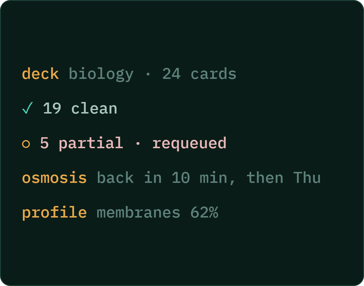 Step three: 19 clean, 5 partial and requeued. Osmosis comes back in ten minutes, then Thursday.