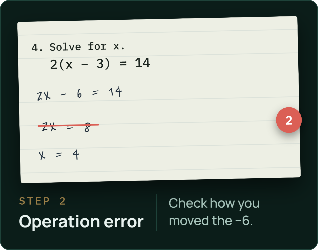 Step two: the operation error is marked on the line where it happened, with a note to check how you moved the minus six.